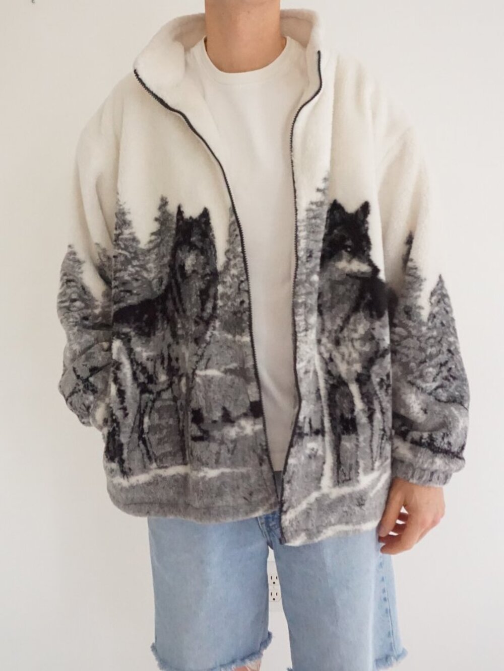 Vintage Glacier Gear Outdoor White Black Wolves Forest Full Zip Fleece Jacket XL
